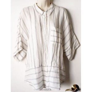 Athleta Linen Lyocell Button-Down Top XL EUC White Blue Pinstripe